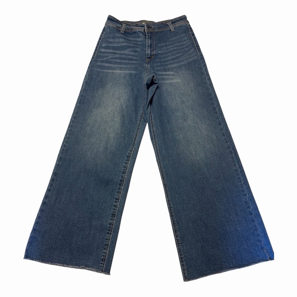 OAT New York High Rise Wide-Leg Jeans Blue Medium Wash Stretch Raw Hem Sz 10/30